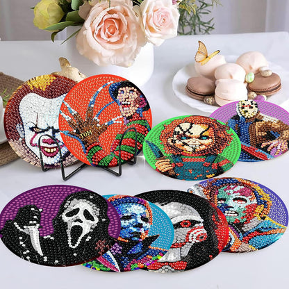 NEGEKFKX 8 Pcs Halloween Diamond Art Painting Coasters Kits,Horror Coaster with Holder for Adults, Non-Slip DIY Dot Paint Craft Kits,5D Full Drill DIY Diamond Dot Gem Art Kit Home Decor Arts Craft