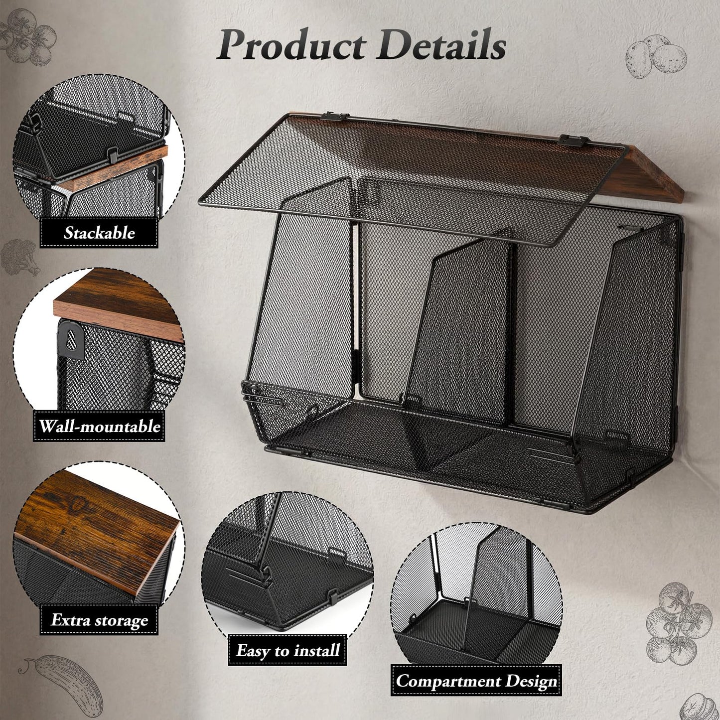 Teenyyou 2 Pcs Stackable Mesh Fruit Basket with Lid Wall Produce Vegetable Storage Basket Onion Potato Hanging Metal Wire Container for Kitchen Counter Pantry (Divided,Black,8.3"w & 13.8"L)