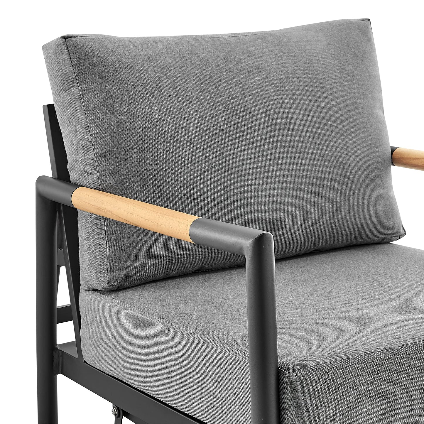 Armen Living Royal Outdoor Patio Swivel Glider Lounge Chair in Black Aluminum and Teak Wood with Cushions