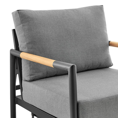 Armen Living Royal Outdoor Patio Swivel Glider Lounge Chair in Black Aluminum and Teak Wood with Cushions