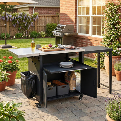 Outdoor Folding Kitchen Cart with Dual Stainless Steel Tops, Rolling Grill Prep Table with Cabinet Drawer and Trash Rack, Portable BBQ Serving Cart with Lockable Wheels for Patio Backyard, Black