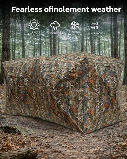 Hunting Blind 270 Degree See Through Ground Blind for Turkey Deer Hunting, 4-6 Person Camouflage Pop Up Hunting Blinds Ground Waterproof Portable Concealed Shelter with Silent Door and Carrying Bag