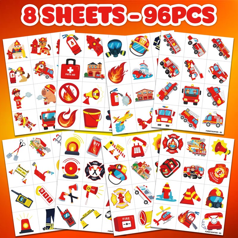 96 PCS Firefighter Firetruck Pre-Cut Temporary Tattoos for Kids | Super Cute Themed Birthday Party Favors,Goodie Bags Fillers, Supplies, Decorations, Fake Tattoo Stickers (Multiple)
