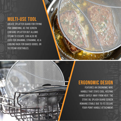 U.S. Kitchen Supply Set of 3 Stainless Steel Splatter Screen - 13", 11.5" & 9.5" Sizes - Fine Mesh Splatter Screen with Resting Feet Set, Grease Guard for Kitchen Pots and Pans