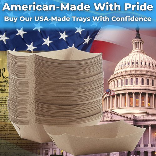 Eco Friendly USA-Made 3lb Food Holder Trays 500 Pk. Compostable Kraft Paper Container for Diners, Concession Stands or Camping. Best Sturdy 3 Lb Disposable Party Snack Boat for Nachos, Tacos or BBQ.