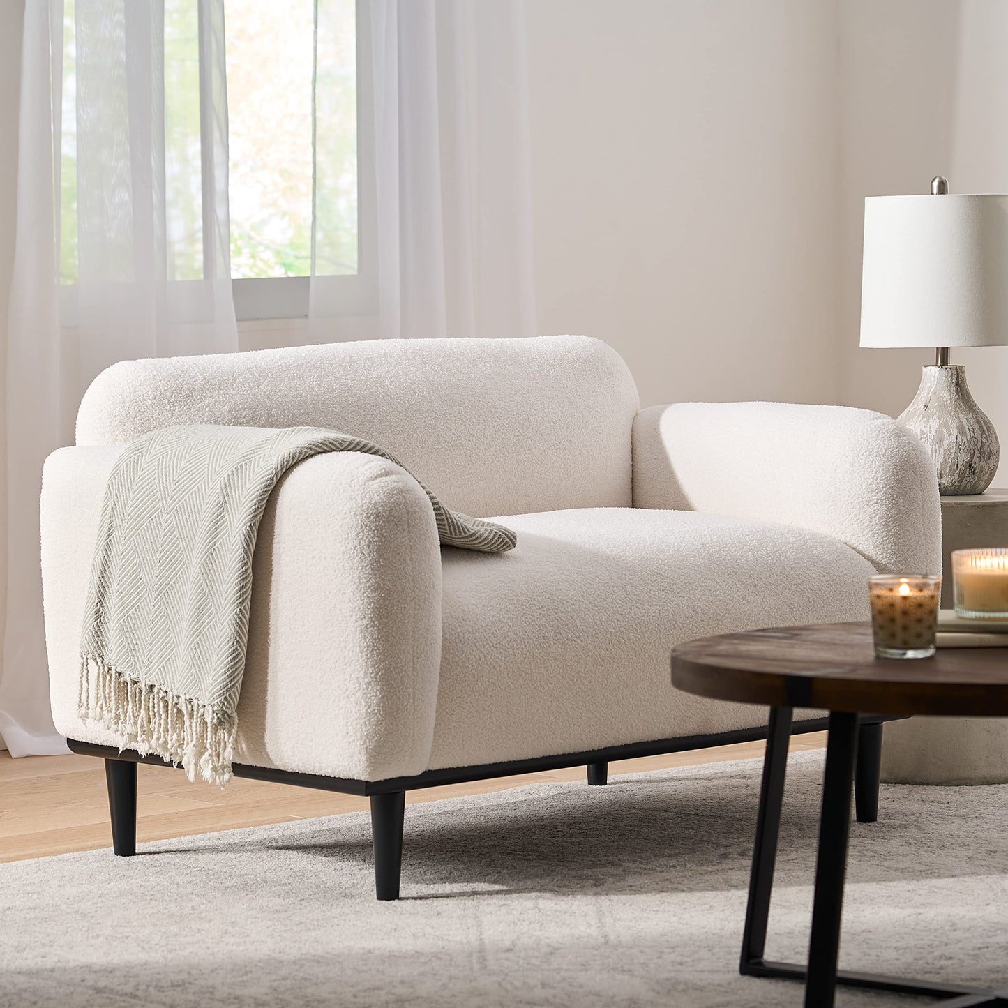 Christopher Knight Home 50" Bouclé Fabric Loveseat Sofa, Modern Upholstered Accent Chair with Armrest & Solid Wood Legs, Deep Seat Oversized Comfy Couch Reading Chair for Living Room Apartment, White