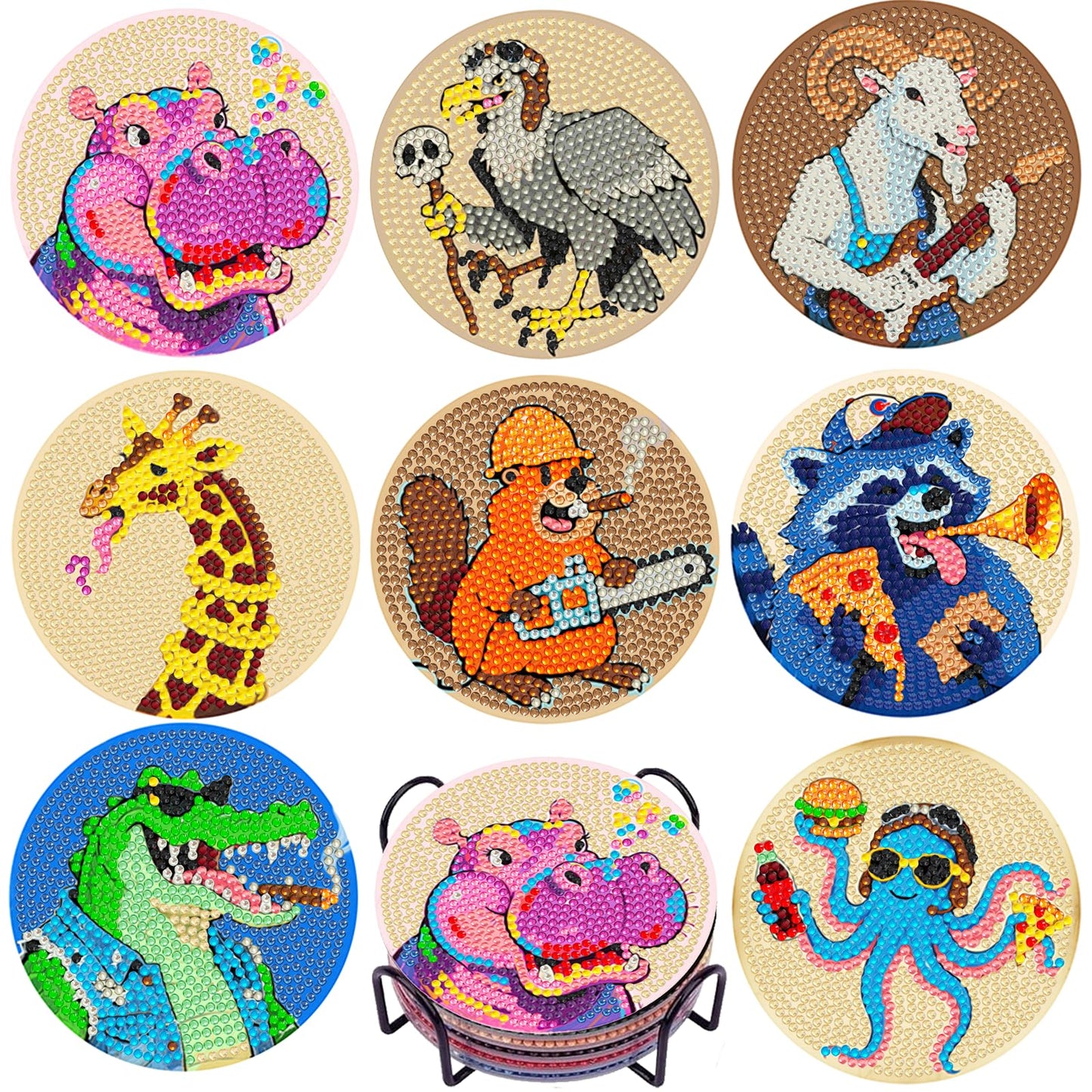 DOTSOPS Animal Diamond Painting Coaster with Holder 5D Diamond Art Kits for Adults Round Full Drill Beginners Gem Dots Craft Arts Supplies Party Home Decor 8pcs