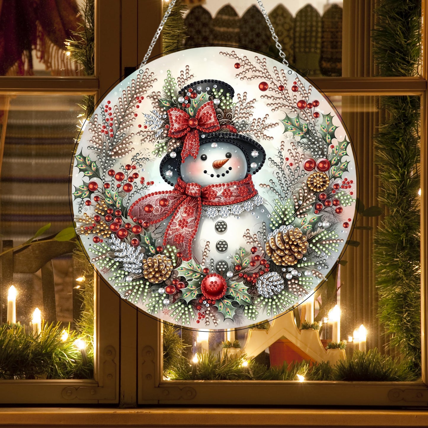 JJFox Diamond Art Hanging Kit for Adult,Special Shaped Rhinestone,Double Sided DIY Acrylic 5D Diamond Art Painting Window Pendants Home Garden Wall Hanging Kits Hanging Ornament (Christmas Snowman)