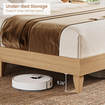 GarveeHome Queen Size Solid Wood Bed Frame with Storage Headboard, Rattan Upholstered Bookcase Headboard with Sliding Doors & Charging Station, No Bos Spring Needed