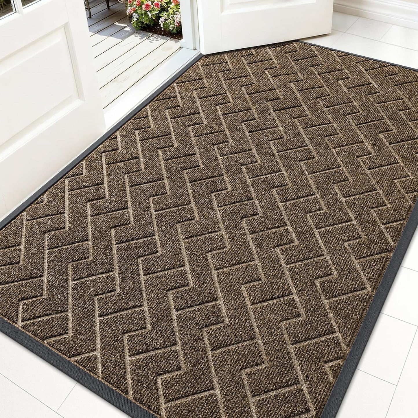 OLANLY Waterproof Front Door Mat - All-Season Indoor/Outdoor Doormat | Sturdy Natural Rubber, Herringbone Brick (Brown, 59x35)