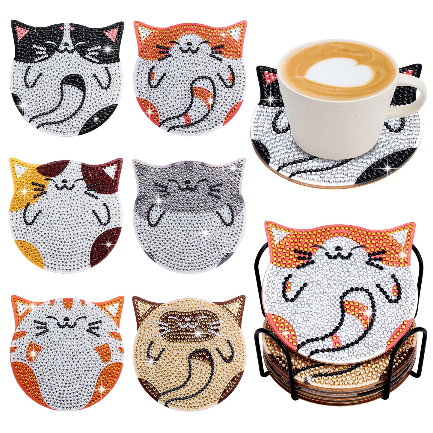 handlish 6 Pieces of Cute cat Diamond Art Coaster with Stand, Adult and Child Diamond Painting Art Set, DIY Diamond Art for Beginners, Family Craft Items (CAT)