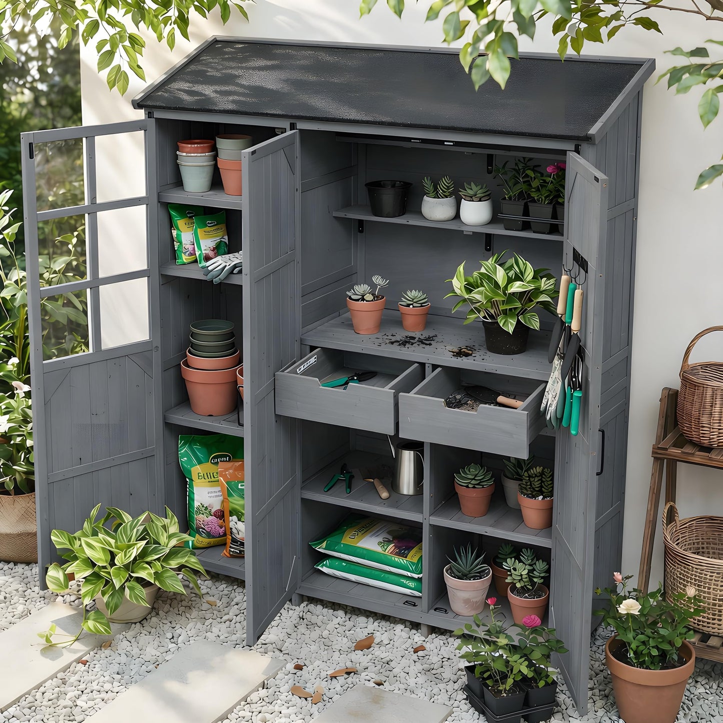 Merax Outdoor Wood Large Garden Storage Shed with Waterproof Roof, Patio 3 Doors Storage Cabinet with Workstation, 7 Storage Shelves, 2 Drawers and 6 Hooks for Backyard, Gray