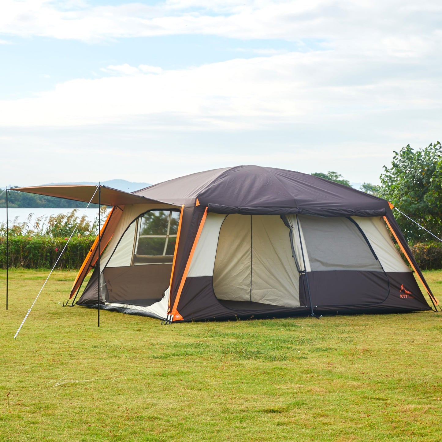 KTT Extra Large Tent 12 Person,Family Cabin Tents,Awning,2 Rooms,4 Doors and 4 Windows with Mesh,Straight Wall,Waterproof,Double Layer,Big Tent for Outdoor,Picnic,Camping,Family Gathering(Brown)