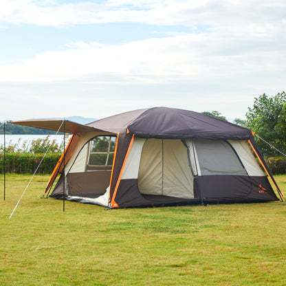 KTT Extra Large Tent 12 Person,Family Cabin Tents,Awning,2 Rooms,4 Doors and 4 Windows with Mesh,Straight Wall,Waterproof,Double Layer,Big Tent for Outdoor,Picnic,Camping,Family Gathering(Brown)