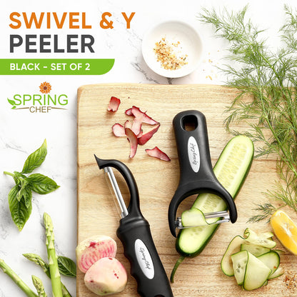 Spring Chef Swivel Vegetable Peeler & Y Potato Peeler for Kitchen with Soft Grip Handles and Ultra Sharp Stainless Steel Blades, Perfect for Veggie, Fruit, Carrot, Apple - Dishwasher Safe - Black