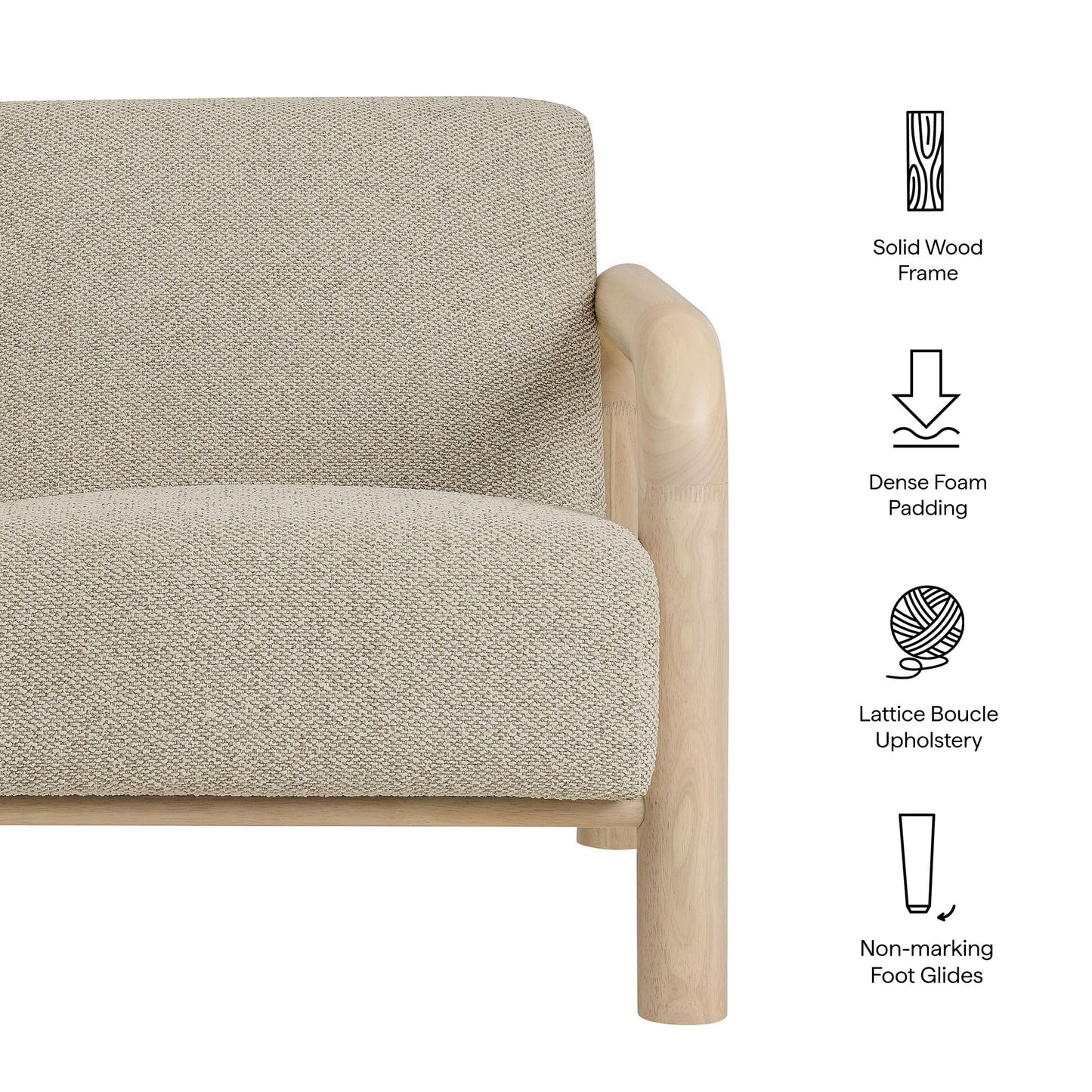 Modway Sereno Modern Boucle Fabric Accent Chair in Marble Oak with Rounded Wood Armrests – Upholstered Lounge Chair for Living Room or Bedroom