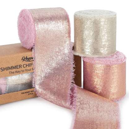 Keypan Pink Set Ribbon, Shimmery Chiffon Silk Ribbons Frayed Edge for Bridal Flower Bouquet Gift Wrapping Wedding Invitations Decor DIY Crafts 1.5" x 15 Yard 3 Rolls
