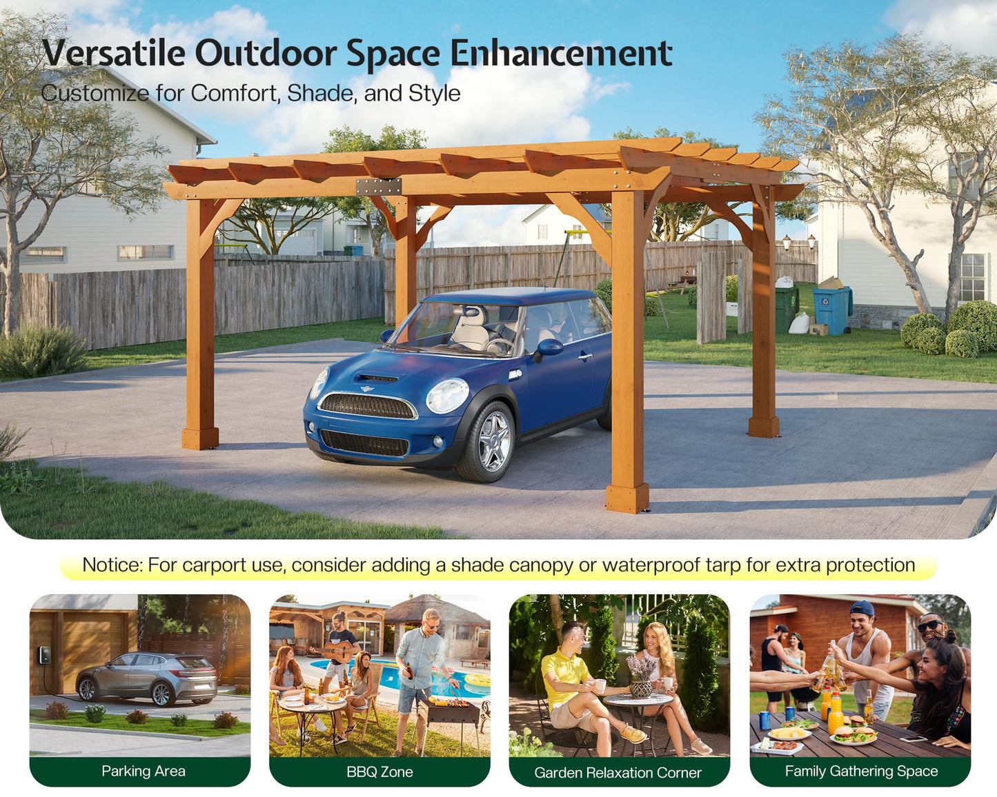 Jocisland 10x12 FT Premium Cedar Wood Pergola with Trellis Roof & Weather-Resistant Support, Outdoor Pergola Kit with Stakes, Garden Gazebo for Patio, Backyard & Events, Reddish-Brown