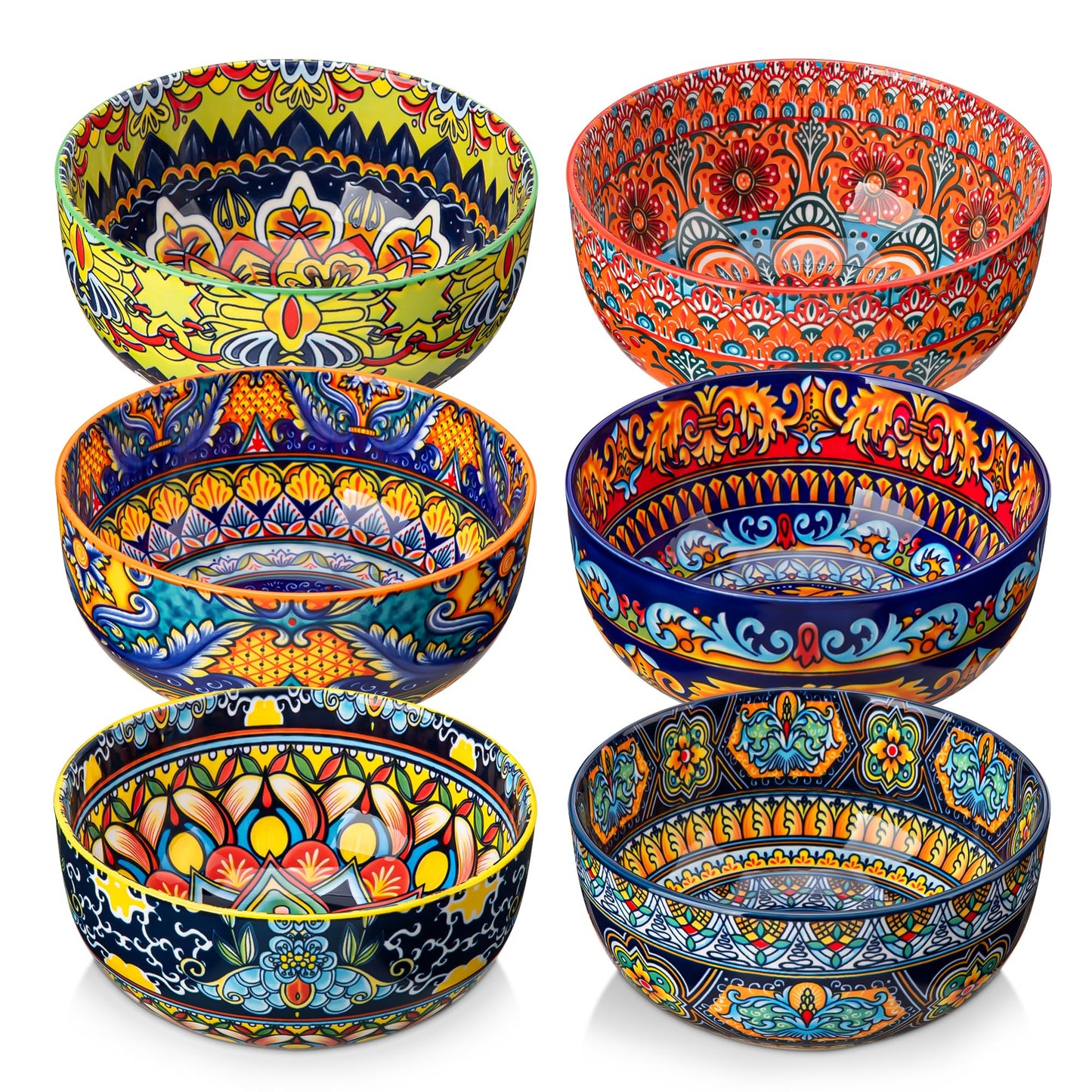 vancasso Cereal Bowls Set of 6, Porcelain Bowls for Eating, 28 oz Colorful Soup Bowls, Bohemian Ceramic Bowls for Salad, Fruit, Pasta, Microwave & Dishwasher Safe Bowls Set