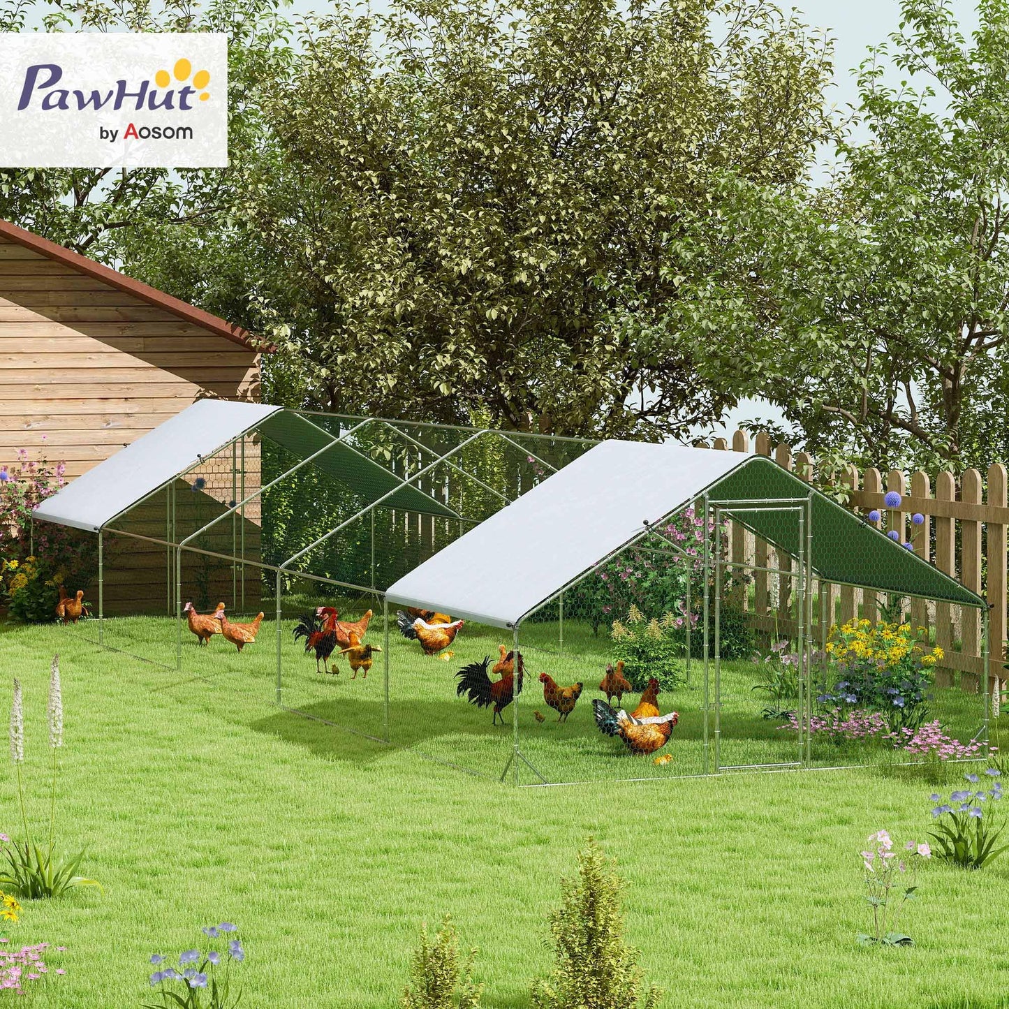 PawHut Large Chicken Coop Metal Chicken Run with Waterproof and Anti-UV Cover, Spire Shaped Walk in Fence Cage Hen House for Outdoor and Yard Farm Use, 1" Tube Diameter, 9.8' x 32.8' x 6.4'