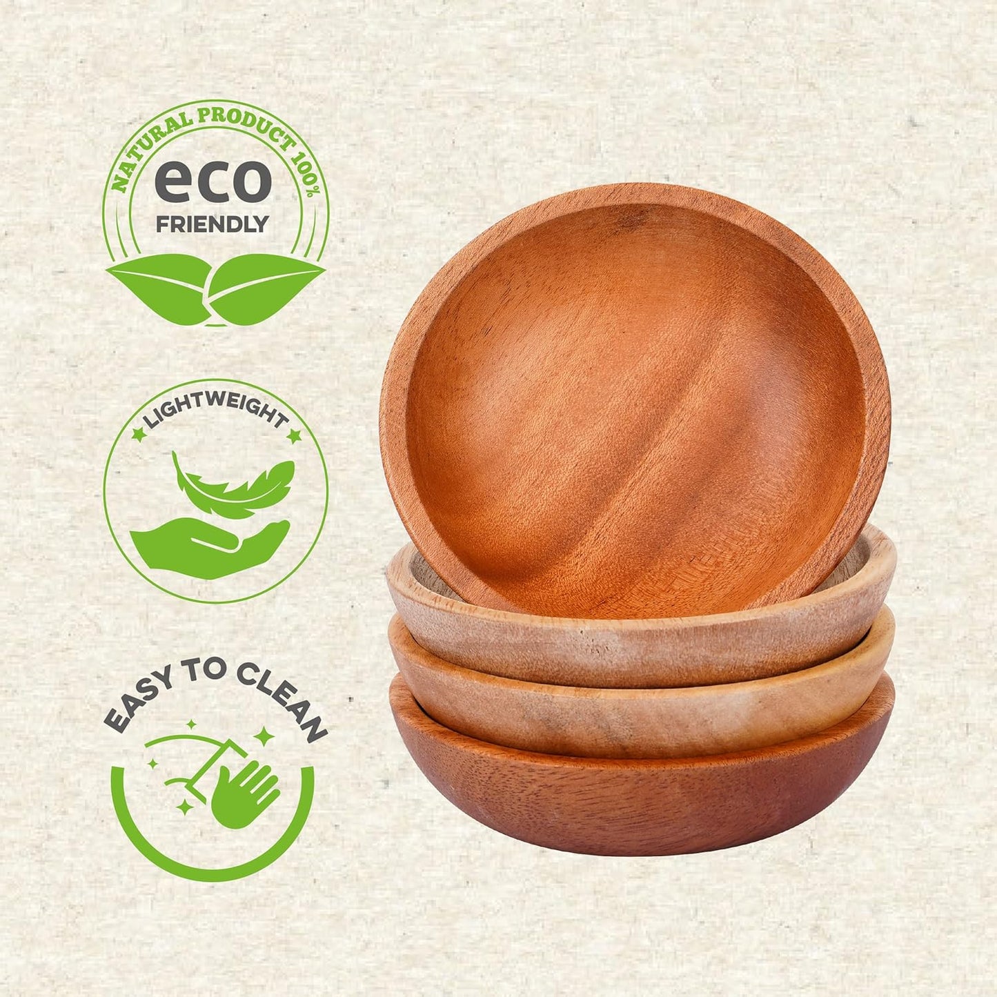 Mini Wooden Bowl Set of 4, 3.54" Diameter for Condiments, Dip Sauce, Small Wood Bowl for Jam, Olive
