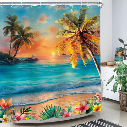 Homewelle Beach Ocean Shower Curtain Hawaii Seaside Sunset Coastal Tropical Palm Tree Flower Plant Landscape Summer Scenery Nature 60Wx72H Inch Sea Wave Waterproof Polyester Fabric Bathroom Bathtub