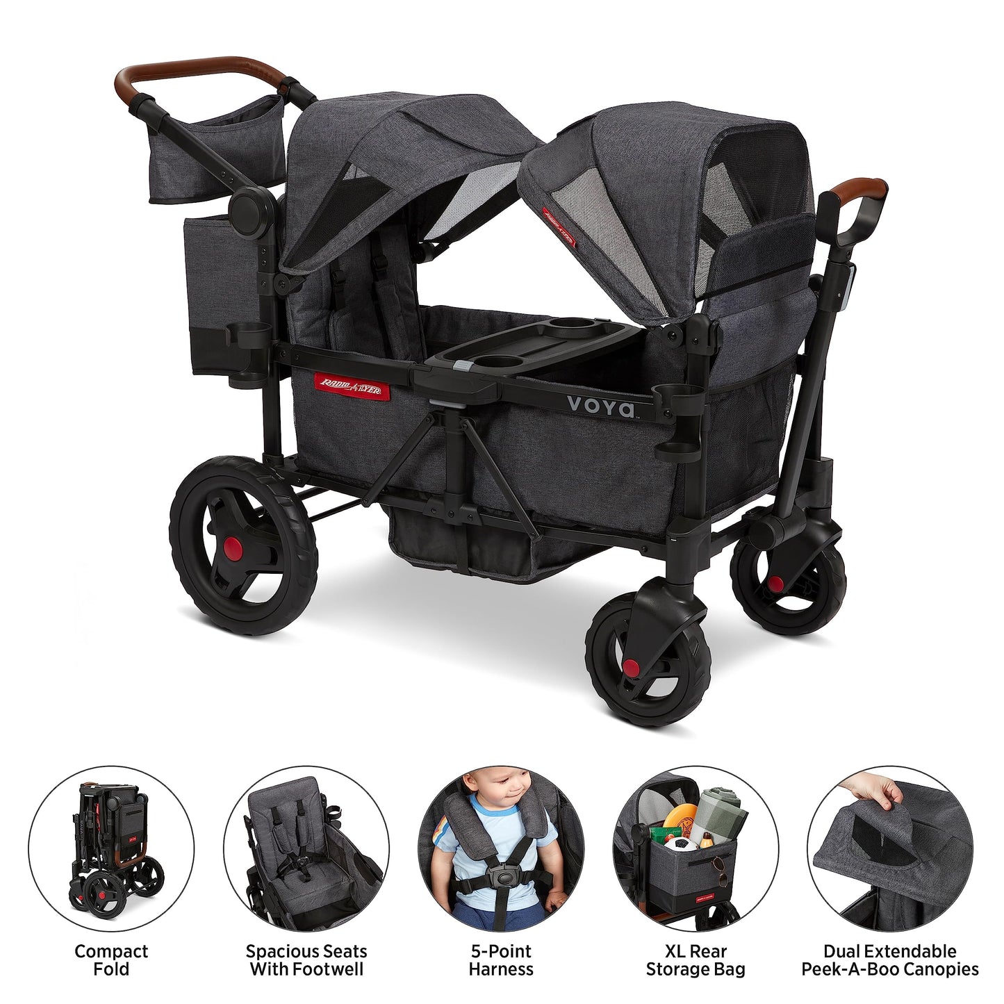 Radio Flyer Voya Stroller Wagon, for Toddlers and Kids 6+ Months, Push or Pull, 2 Seats, Dual Sun Canopies, Compact Fold, Lightweight, Storage Space, 5-Point Harnesses, Stroller Wagon for Kids