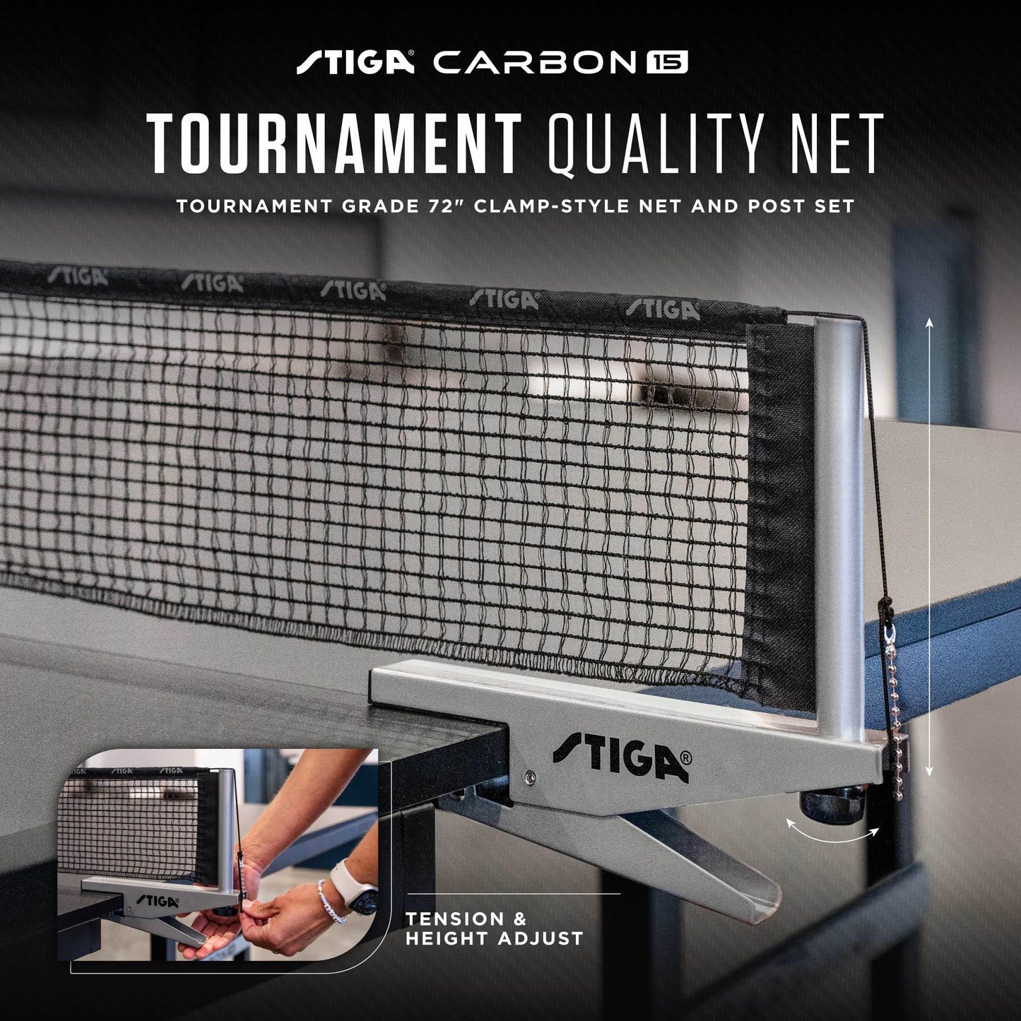 STIGA Carbon Series Indoor Ping Pong Tables with 15mm - 18mm Performance Top, QuickPlay Assembly, Built-in Ball Storage, Foldable Playback Mode & Lockable Casters