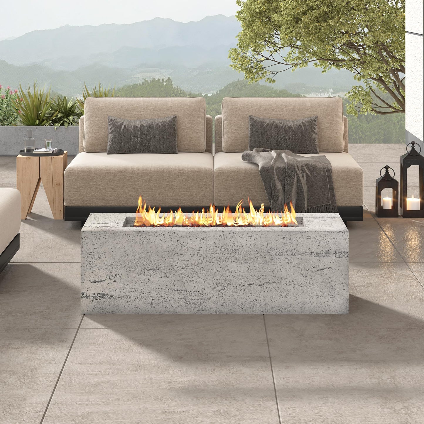GDFStudio 41.9" MgO Rectangular Propane Fire Pit Table, 40000 BTU Outdoor Fire Pit with Stainless Steel Burner, Lava Rocks & Waterproof Cover, Tabletop Fire Pit for Backyard Patio Parties, Beige+Gray