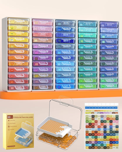 Redtwo 60pcs Diamond Painting Storage Containers Trays with Two Layers, 3-in-1 Diamond Painting Trays with Lids, Diamond Art Accessories, Diamond Art Drills Storage & Line-Up