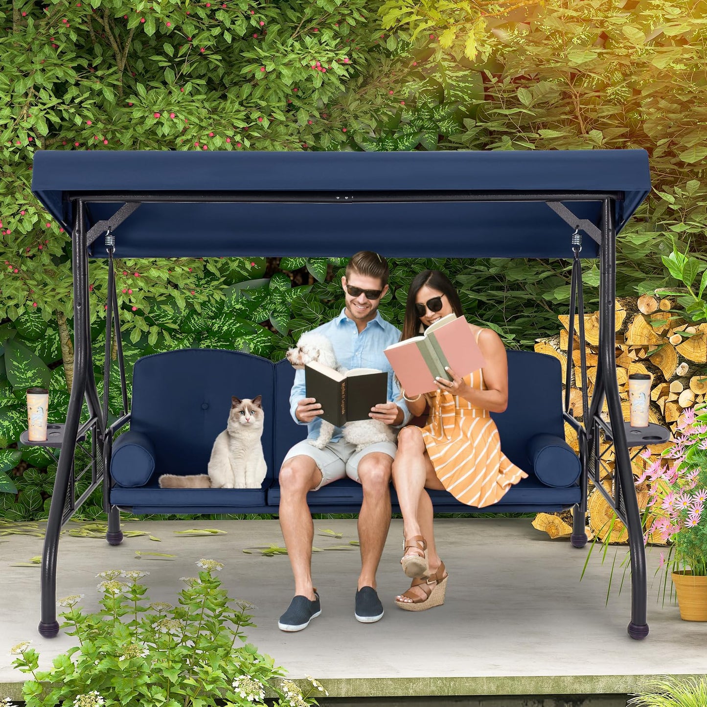 HOMREST 3 Seat Outdoor Porch Swing with Adjustable Canopy, Convertible Patio Swing Bed with Stand, Patio Glider Swing with Upgraded Cup Holder, Thicken Cushions ＆ Pillow for Backyard(Blue)