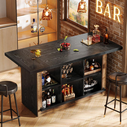 Tribesigns Bar Table with Storage, 62.6" Rectangular Home Bar Cabinet Unit with 6 Spacious Cubbies and Metal Footrests, Large Counter Height Pub Table for Home Kitchen, Dining Room, Brown & Black