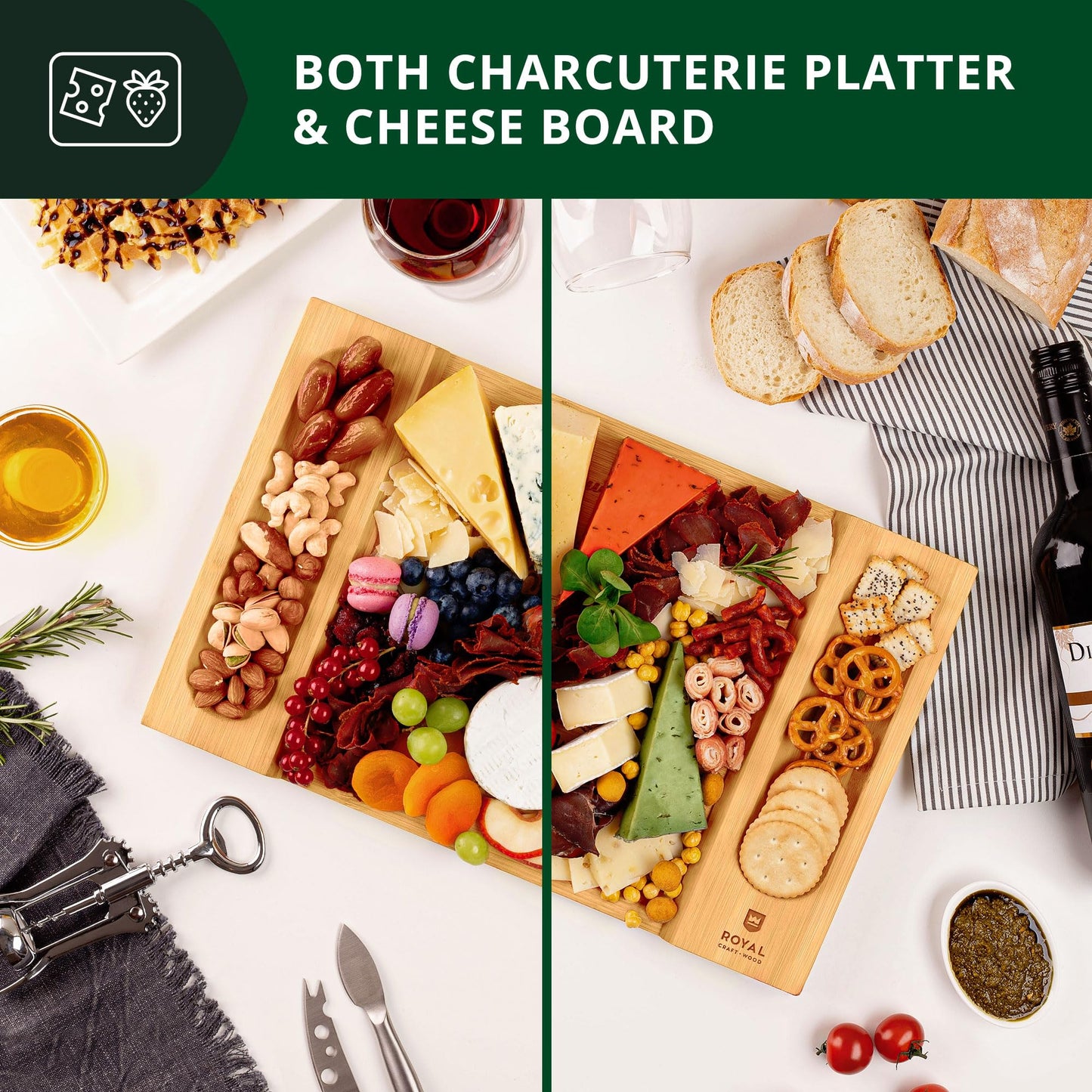 ROYAL CRAFT WOOD Charcuterie and Cheese Board - Large Bamboo Cheese Board - Serving Tray Platter - House Warming Gifts New Home, Birthday Gifts for Mom Dad Women Men - 15.5"x10"