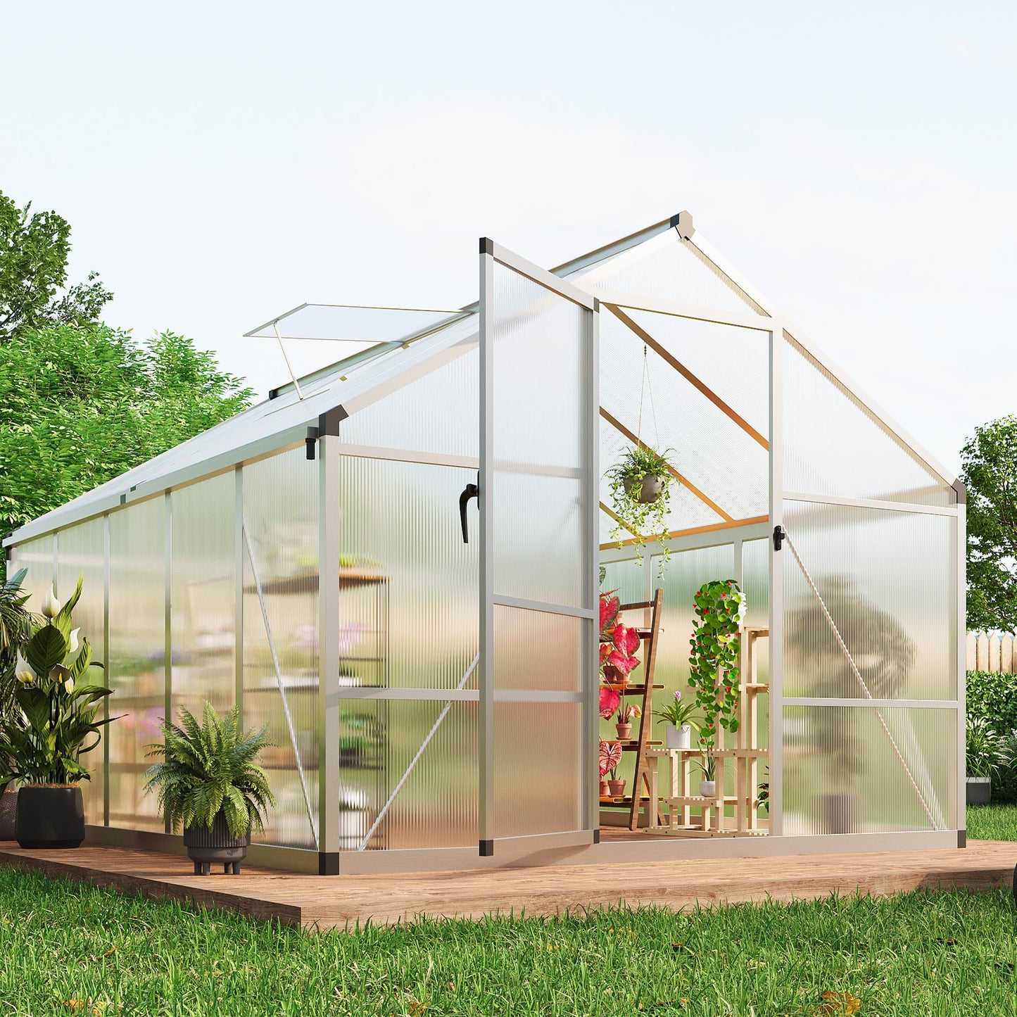 Garvee 8 x 10 FT Greenhouse, Greenhouses for Outside, Polycarbonate Greenhouse with Aluminum Frame, Lockable Door and Ajustable Roof Vent for Backyard, Green Houses for Outside Garden Backyard, Patio