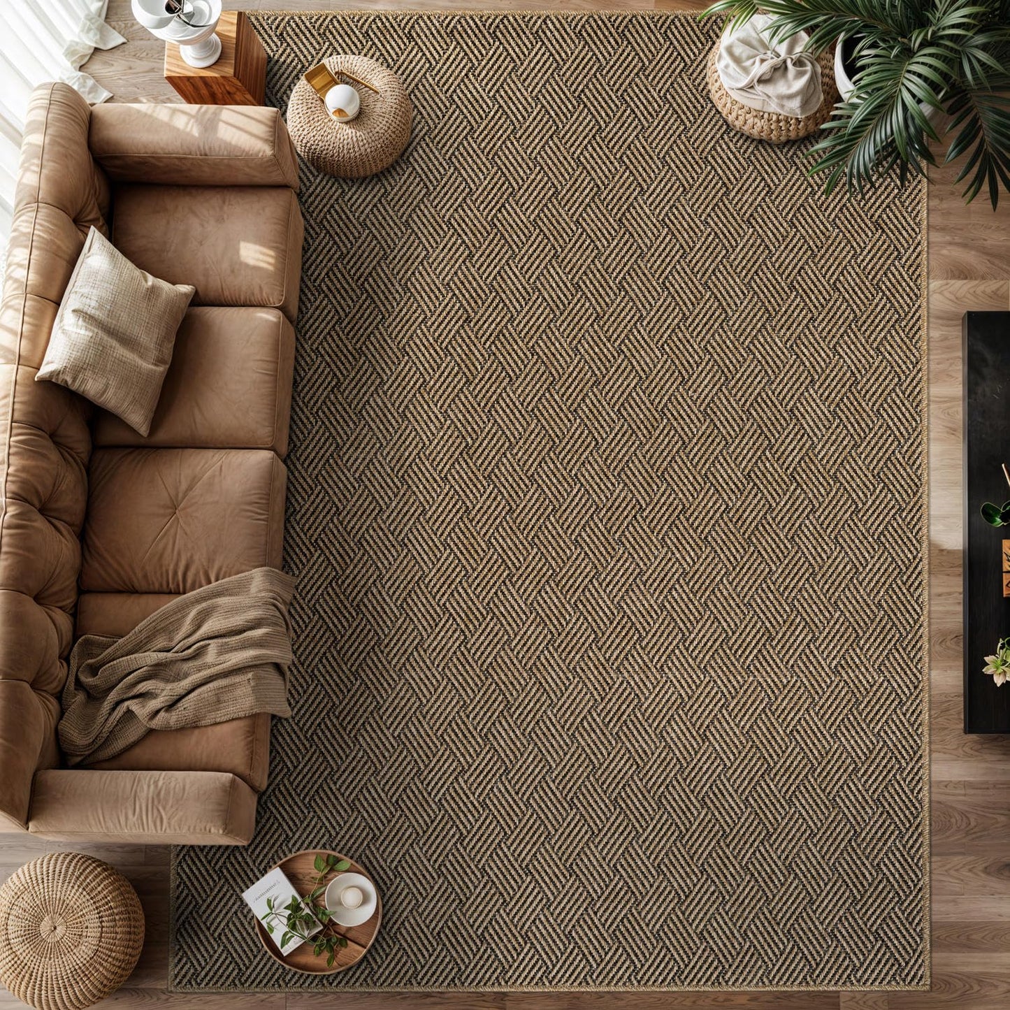 Luul Home Easy Jute Rugs 10x14 Herringbone Natural Color Living Room Indoor Outdoor Area Rug for Patio and Kitchen Rug High Traffic Washable Easy to Clean Solid Boho Woven Design Carpet (10 x 14)