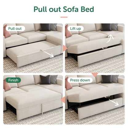 HONBAY Modular Sectional Sleeper Sofa with Pull Out Bed, L Shaped Couch with Storage Seat, Modular Sectional Couches for Living Room - Beige