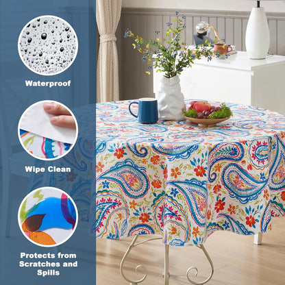 Newbridge Boho Chic Paisley Vinyl Tablecloth with Flannel Backing, 70 Inch Round, Blue Red Pink Floral Print