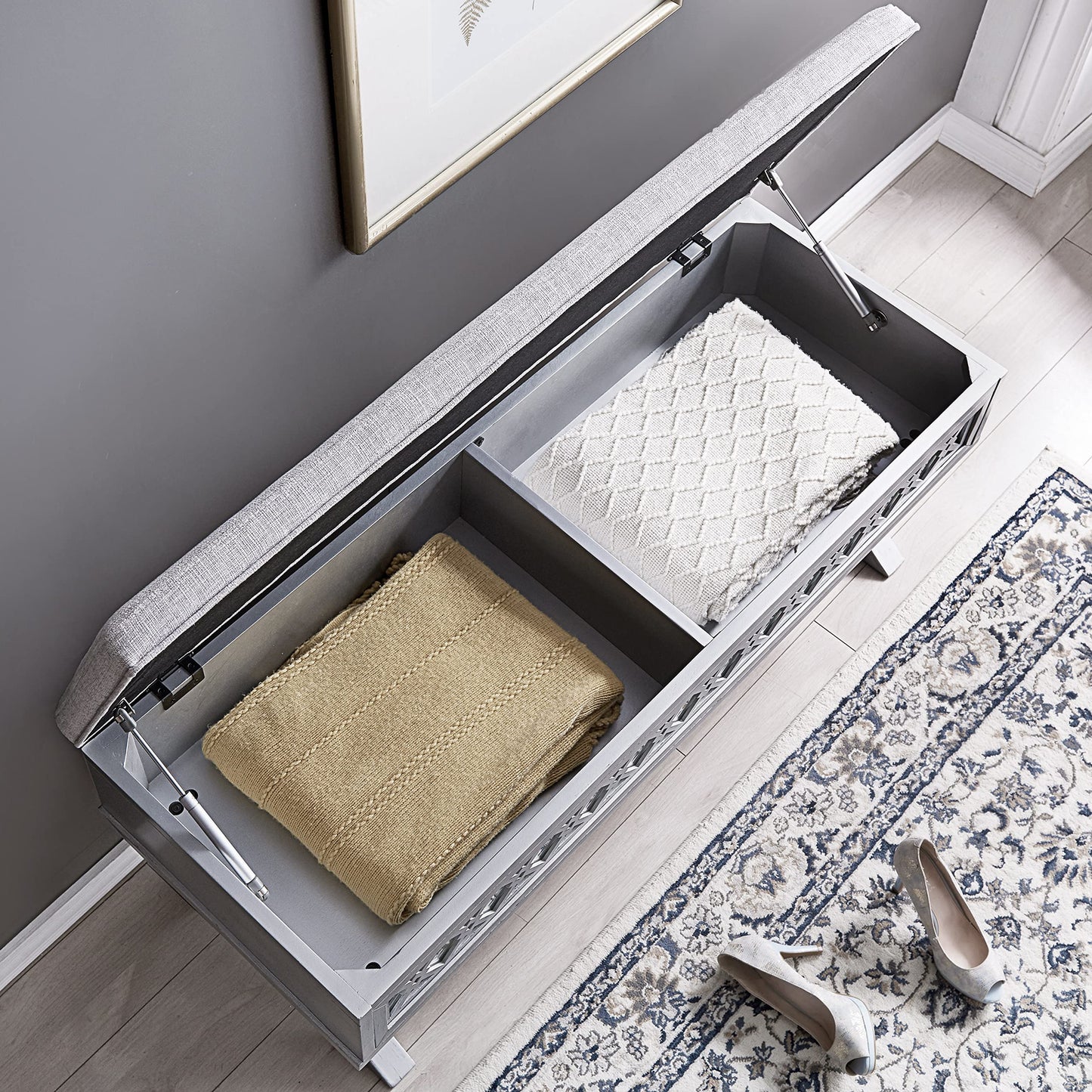 Leick Home 10142-SV Mirrored Diamond Filigree X Base Lift Top Bench with Storage for Bedroom or Foyer, Silver Leaf