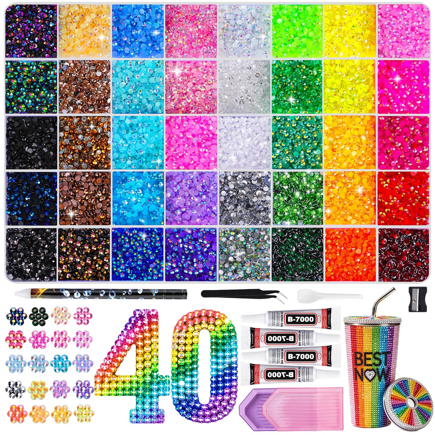 46000Pcs Resin Jelly Rhinestones for Bedazzling, 40 Colors 3mm Flatback Rhinestones with 4Pcs 10ml B7000 Jewelry Glue & Tools, Bedazzling Kit for Nail Art Crafting Book Makeup