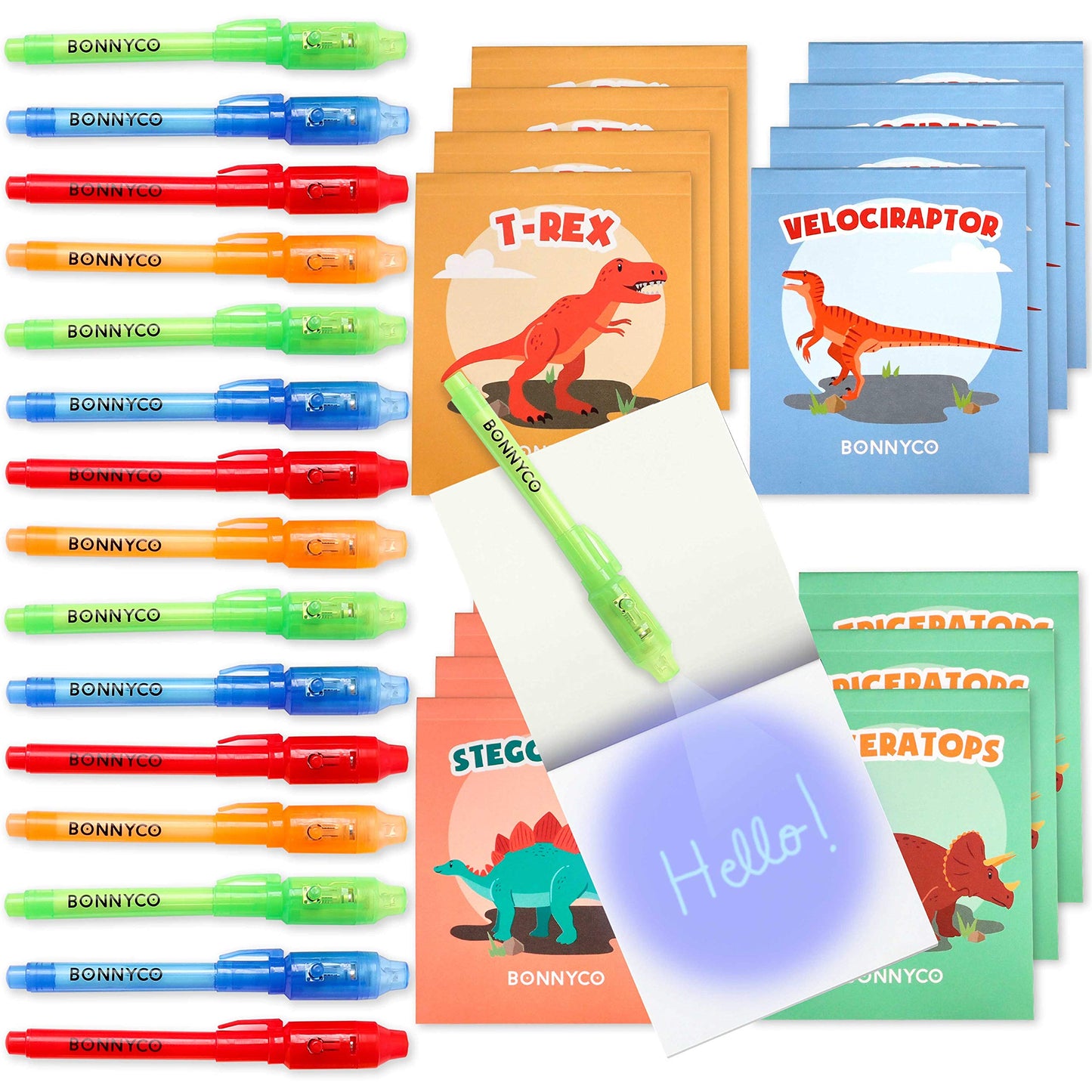 BONNYCO Invisible Ink Pen and Notebook Pack 16, Dinosaur Party Favors for Kids. Magic Spy Pen Goodie Bags Stuffers for Kids, Dinosaur Birthday Party Supplies. Goody Bag Stuffers, Return Gifts Prizes