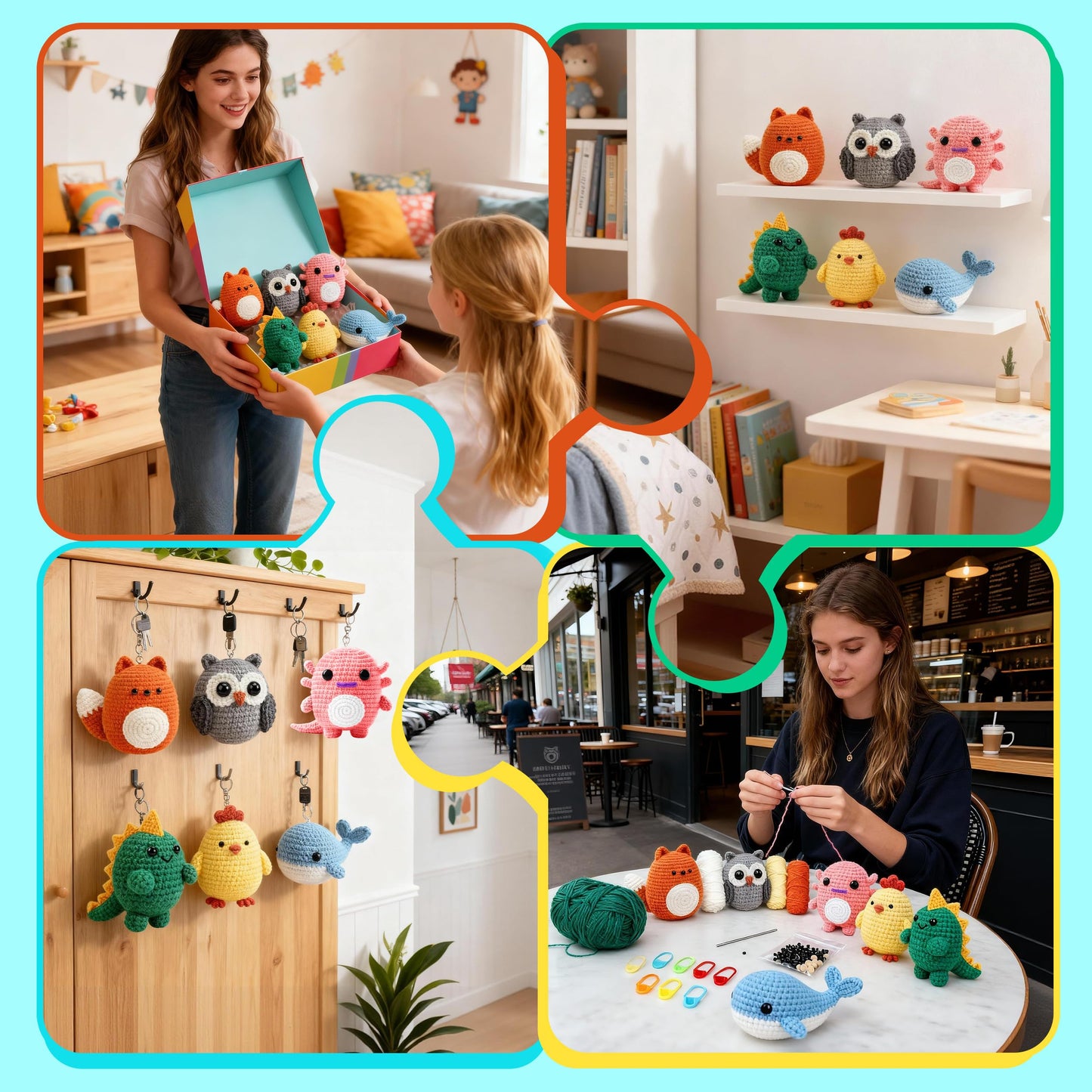 Joyclub Crochet Kit for Beginners 6 PCS Amigurumi Animal Family Crochet Starter Kit with Step-by-Step Video Tutorials 40% Extra Yarn DIY Craft Gifts for Adults Knitting Lovers Mother Teacher Graduates