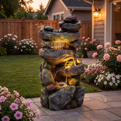 Ultym 31.5" Multi-Tier Rock Outdoor Water Fountain with LED Lights, Cascading Waterfall with Birds for Garden Patio Porch, Weather-Resistant Resin Water Feature for Tranquil Oasis