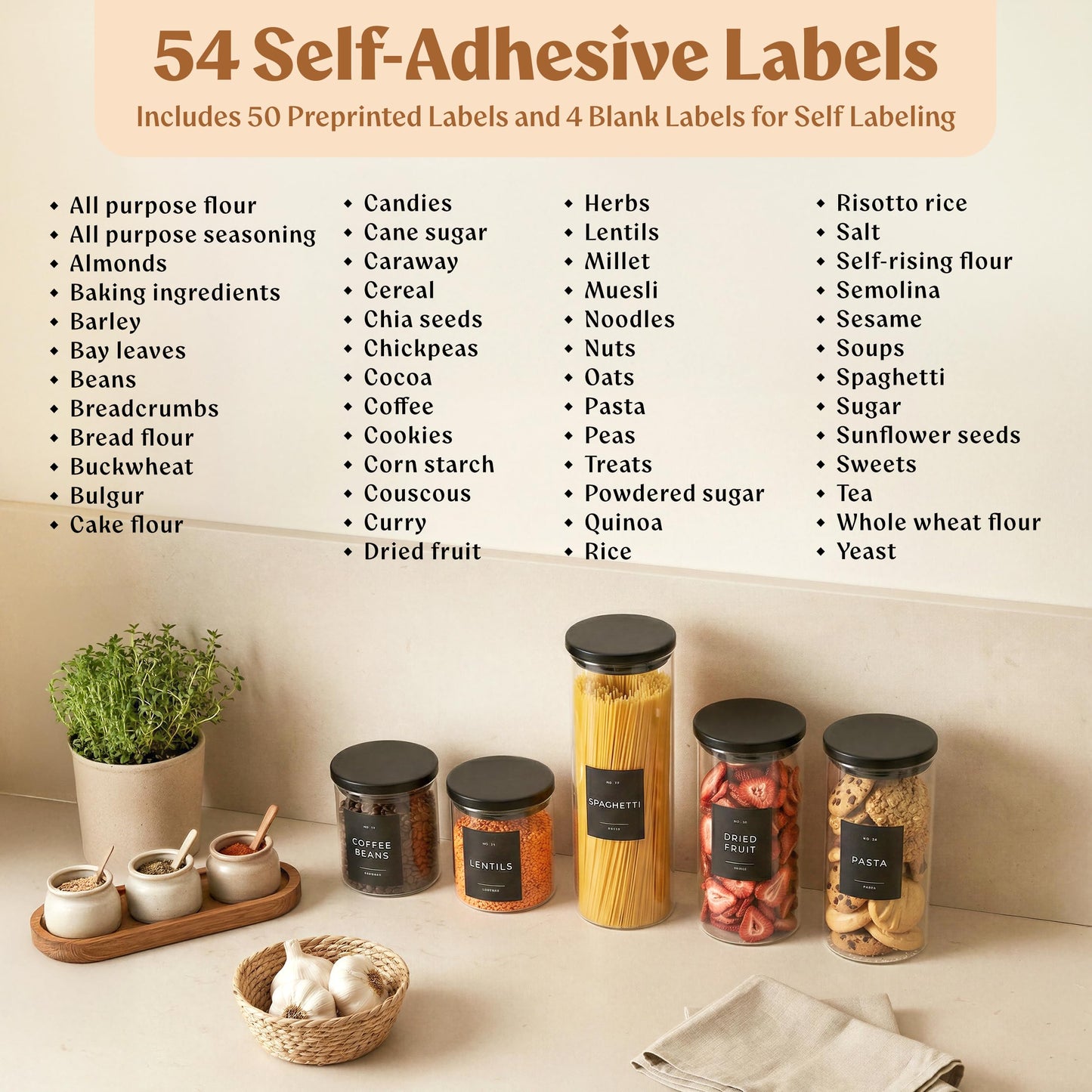 EDELHAUS Glass Storage Containers with Black Lids [Extra Thick Glas] with 54 Labels - Canister For Pantry Noodles Flour Cereal Rice Sugar Tea Coffee Beans - Round Set of 5x