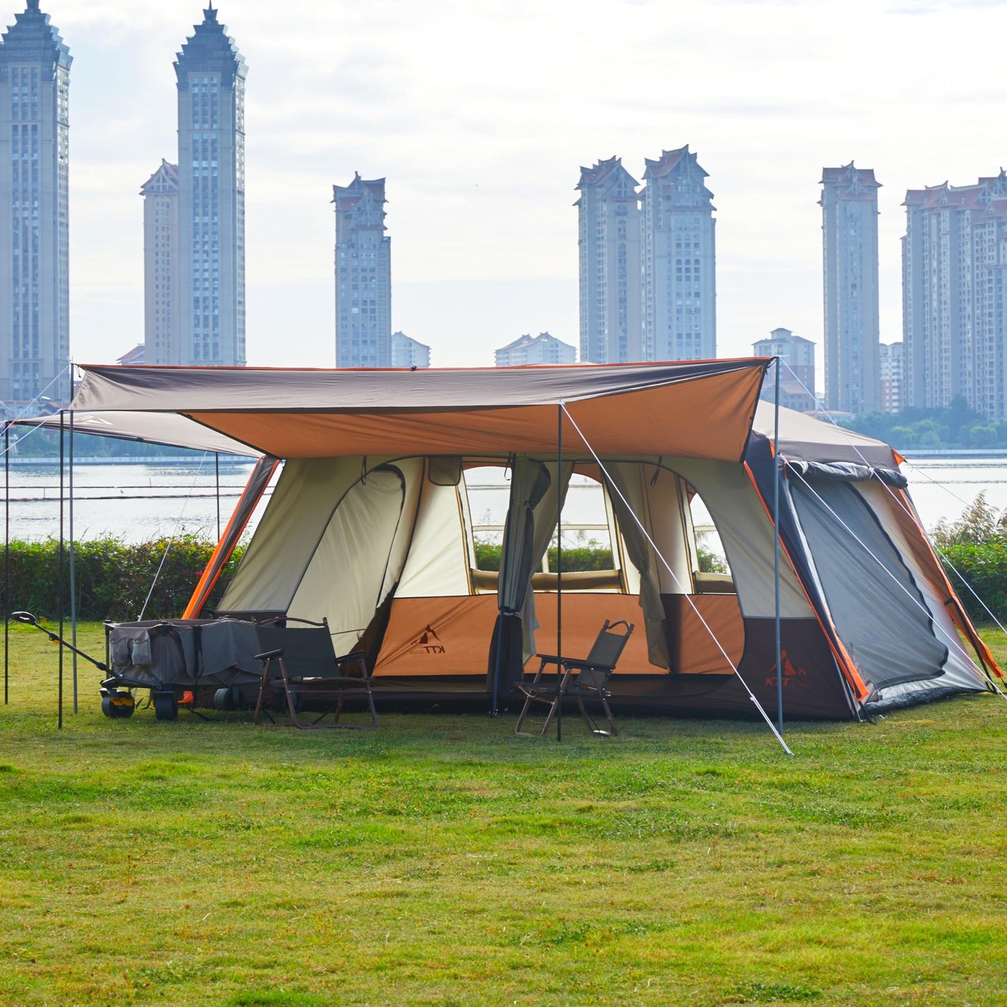 KTT Extra Large Tent 12 Person,Family Cabin Tents,Awning,2 Rooms,4 Doors and 4 Windows with Mesh,Straight Wall,Waterproof,Double Layer,Big Tent for Outdoor,Picnic,Camping,Family Gathering(Brown)