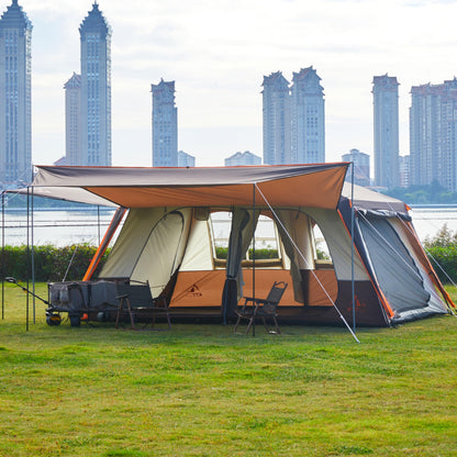 KTT Extra Large Tent 12 Person,Family Cabin Tents,Awning,2 Rooms,4 Doors and 4 Windows with Mesh,Straight Wall,Waterproof,Double Layer,Big Tent for Outdoor,Picnic,Camping,Family Gathering(Brown)