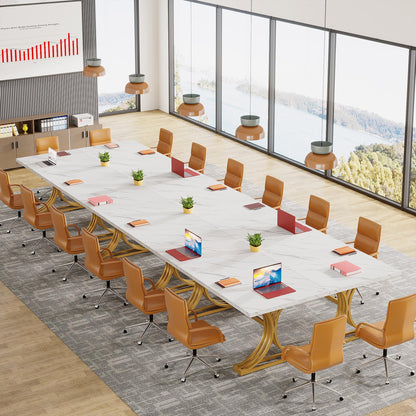 Tribesigns 10.5FT Conference Table, Modern Meeting Table for 8-10 People, Rectangle Seminar Boardroom Table for Office Conference Room with Stylish Legs (2, White + Gold)