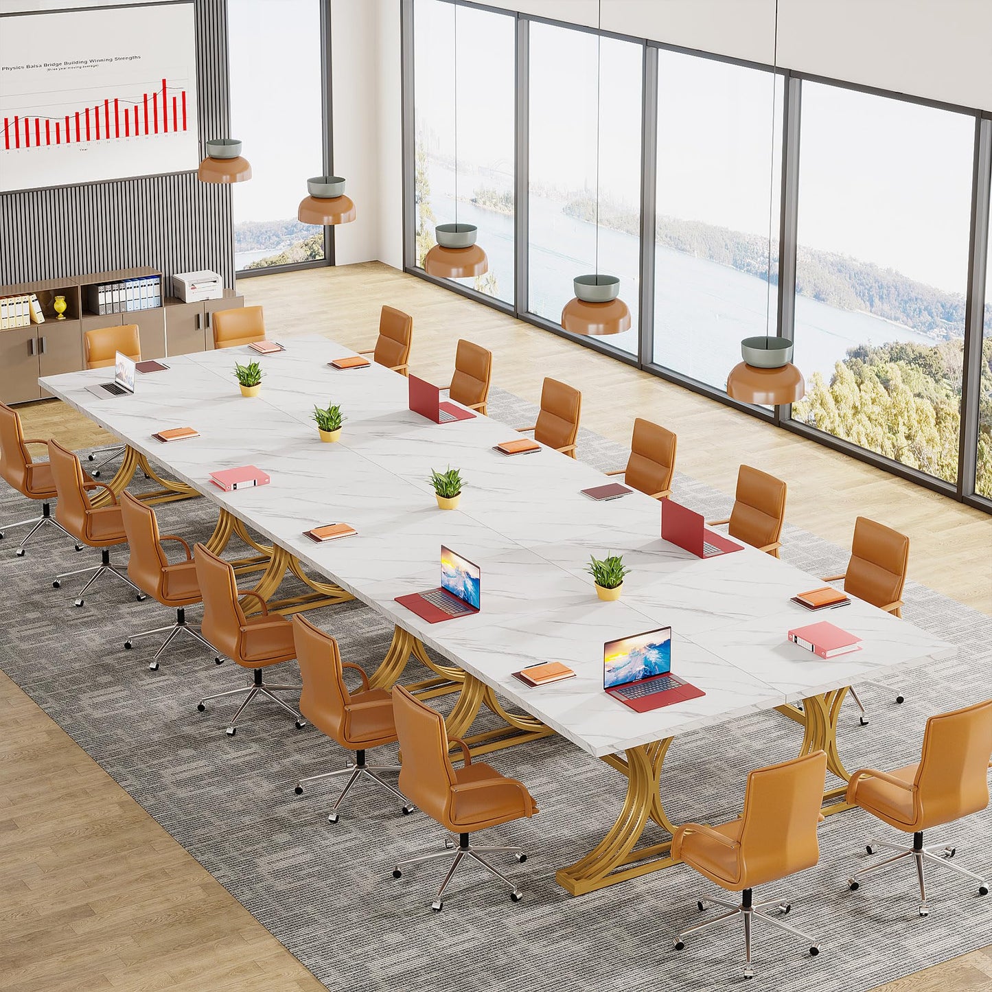 Tribesigns 10.5FT Conference Table, Modern Meeting Table for 8-10 People, Rectangle Seminar Boardroom Table for Office Conference Room with Stylish Legs (4, White + Gold)