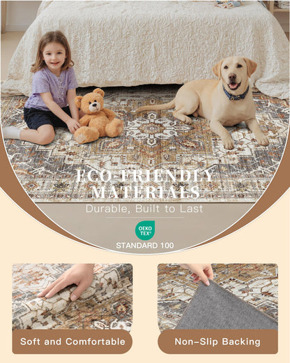 Madane Washable Runner Rug - 2x6 Rug Runners for Hallways 6 Feet Non Slip Vintage Kitchen Runner Rug Ultra-Thin Bathroom Runner Rugs Carpet Laundry Room Bedroom (2x6ft, Turmeric/Grey)