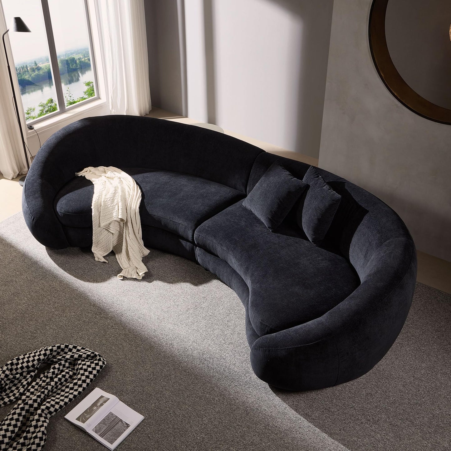 KEIKI 126" Curved Oversized Boucle Sectional Sofa with Love Heart Design, Modern 5-Seater Polyester Couch with 2 Decorative Pillows and Rolled Arms, Easy Assembly, for Apartment, Living Room, Black