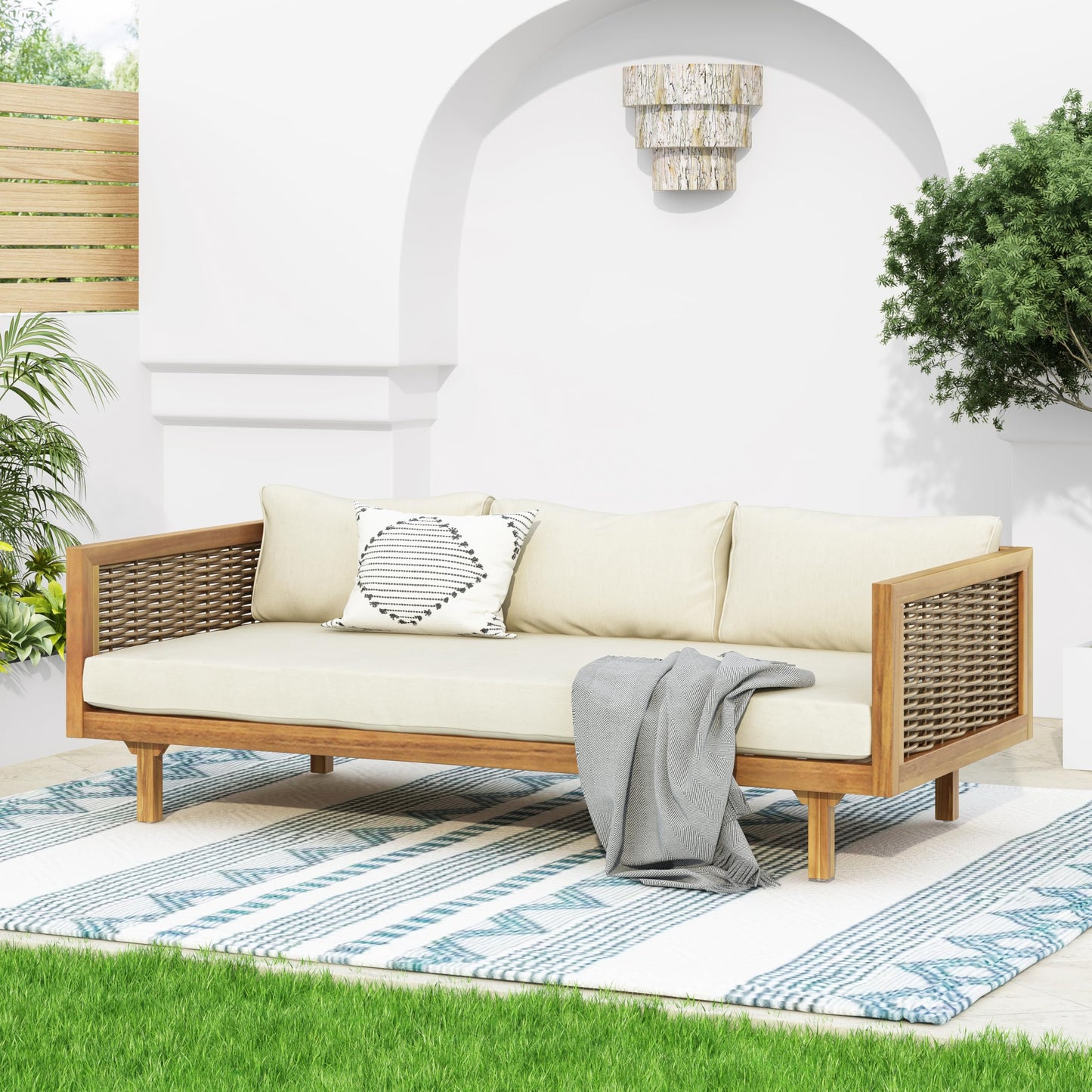 Christopher Knight Home Outdoor 3 Seater Acacia Wood Daybed with Fabric Water Resistant and Removable Cushions, Patio Garden Poolside Sofa with Wicker Armrest and Slat Paneling Back, Teak and Beige